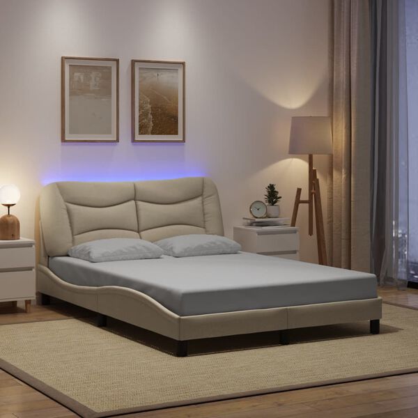 vidaXL Estructura de cama con LED sin colch&oacute;n Hvar tela color crema 140x190 cm