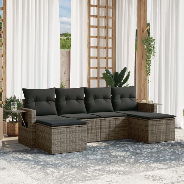 vidaXL Set de muebles de jard&iacute;n 6 pzas y cojines rat&aacute;n sint&eacute;tico gris