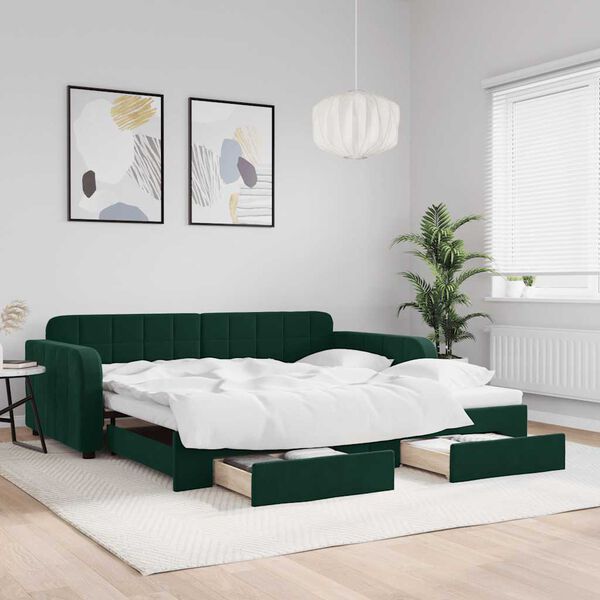 vidaXL Sof&aacute; cama nido con cajones terciopelo verde oscuro 100x200 cm