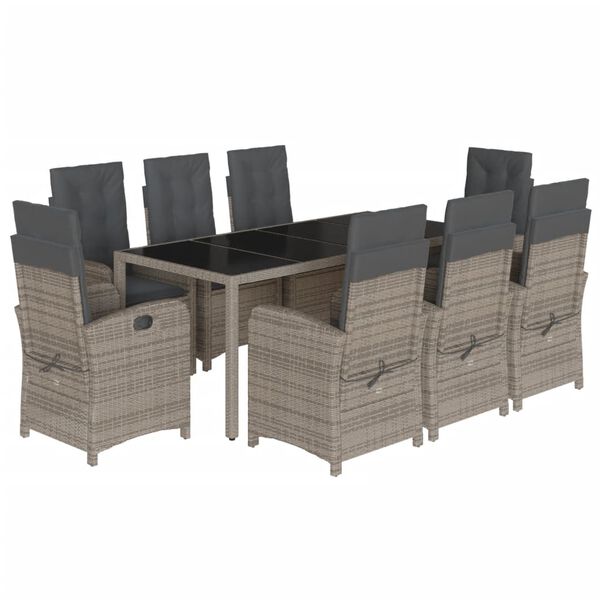 vidaXL Set comedor jard&iacute;n 9 pzas y cojines rat&aacute;n sint&eacute;tico gris