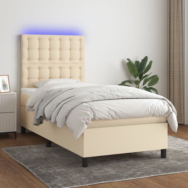 vidaXL Cama box spring colch&oacute;n y luces LED tela crema 100x200 cm