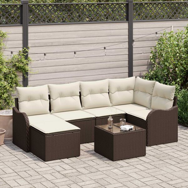 vidaXL Conjunto de sof&aacute; de jard&iacute;n 7 pcs Marr&oacute;n y blanco Polirat&aacute;n