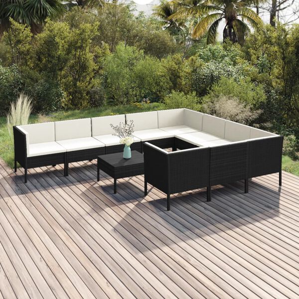 vidaXL Set de muebles de jard&iacute;n 11 pzas cojines rat&aacute;n sint&eacute;tico negro