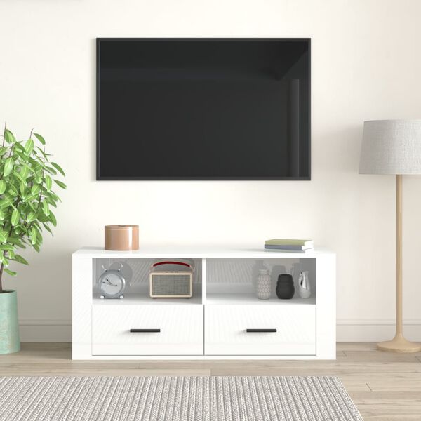vidaXL Mueble de TV madera contrachapada blanco brillo 100x35x40 cm