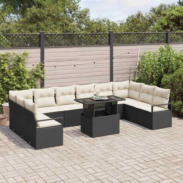 vidaXL Conjunto de sof&aacute; de jard&iacute;n 11 pcs Negro y crema rat&aacute;n sint&eacute;tico