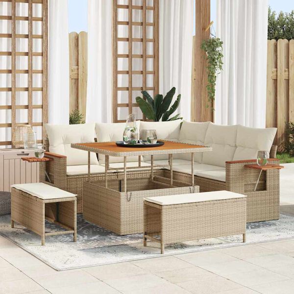 vidaXL Conjunto de sof&aacute;s de jard&iacute;n 9 pcs Beige y Crema rat&aacute;n sint&eacute;tico