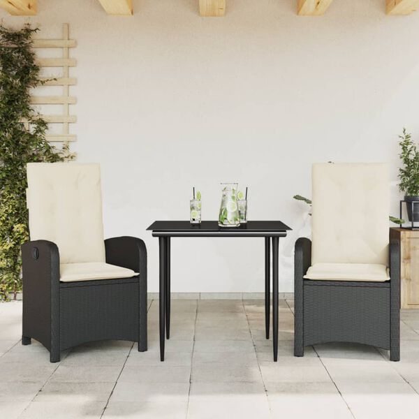 vidaXL Set comedor de jardín 3 pzas con cojines ratán sintético negro