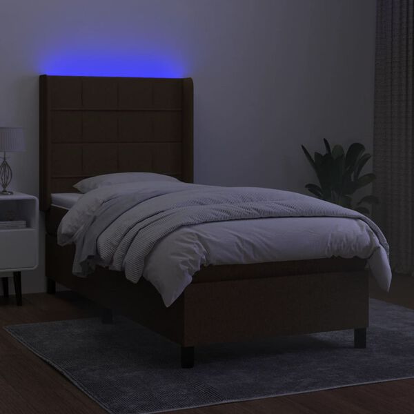 vidaXL Cama box spring colch&oacute;n y luces LED tela marr&oacute;n oscuro 90x190cm
