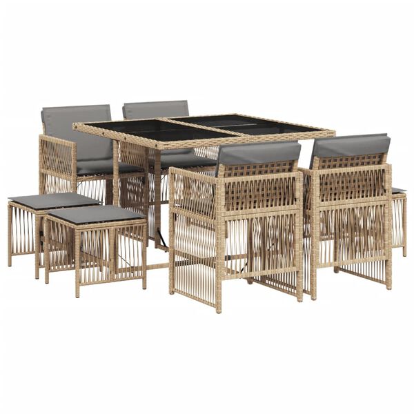 vidaXL Set comedor de jard&iacute;n 9 pzas con cojines rat&aacute;n sint&eacute;tico beige
