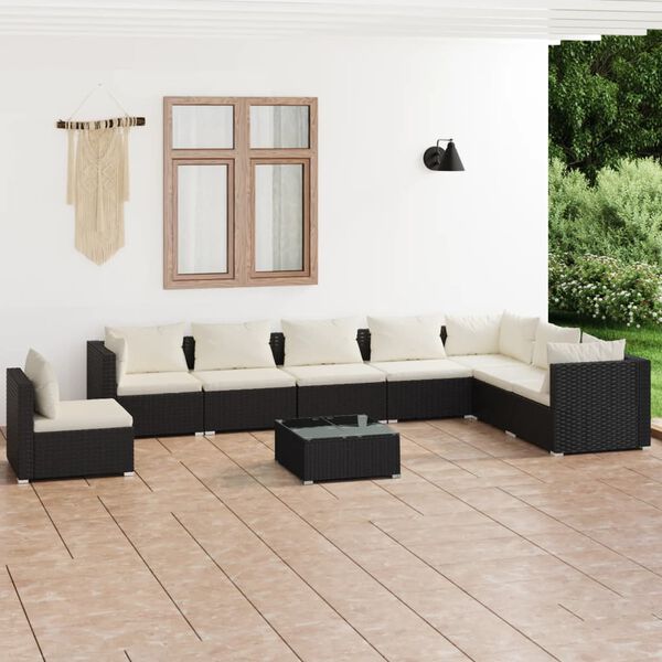 vidaXL Set muebles de jard&iacute;n 9 pzas y cojines rat&aacute;n sint&eacute;tico negro