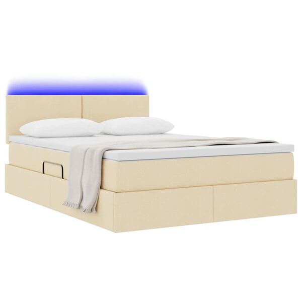 vidaXL Cama con almacenamiento y LED con LED Crema 140 x 200 cm tela