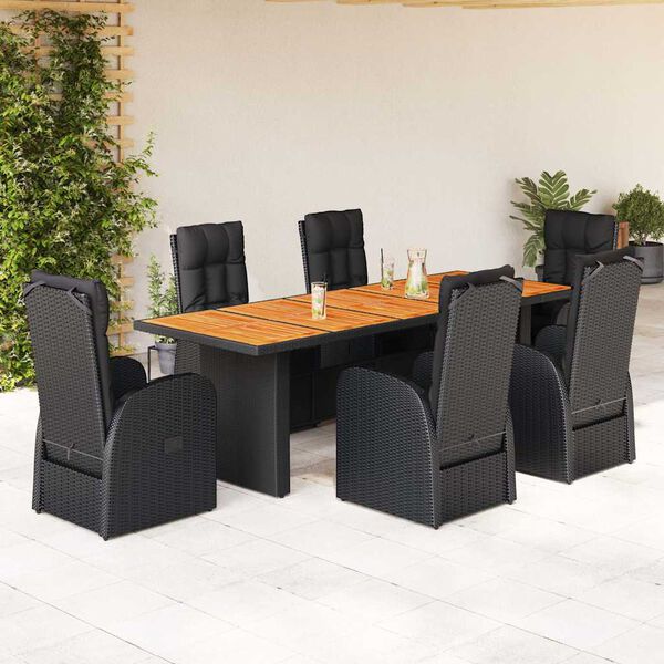 vidaXL Set de comedor de jard&iacute;n 7 pzas y cojines rat&aacute;n sint&eacute;tico negro