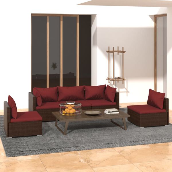 vidaXL Set muebles de jard&iacute;n 5 piezas y cojines rat&aacute;n sint&eacute;tico marr&oacute;n