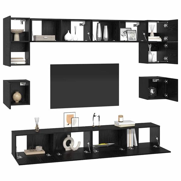 vidaXL Conjunto de mueble de TV 8 pcs Roble Negro Madera de ingenier&iacute;a