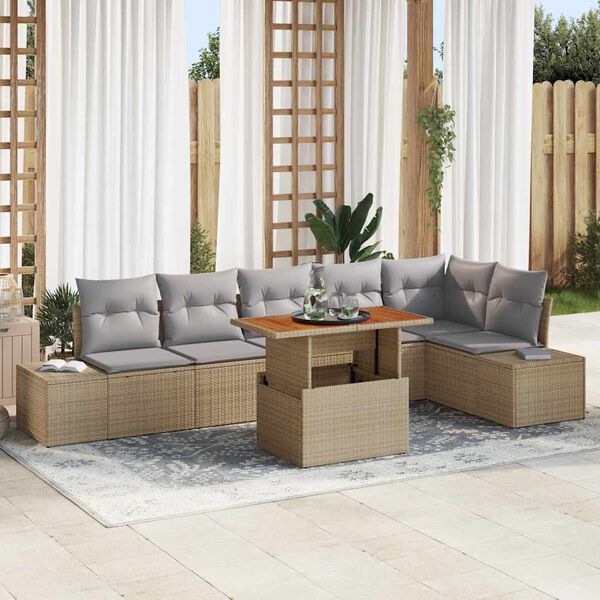 vidaXL Conjunto de sof&aacute; de jard&iacute;n 7 pcs Beige Polirat&aacute;n