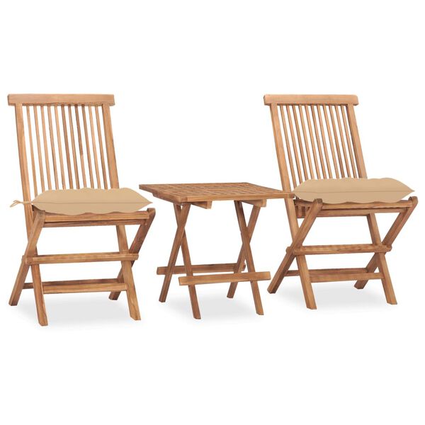vidaXL Set comedor de jard&iacute;n plegable 3 piezas madera de teca cojines