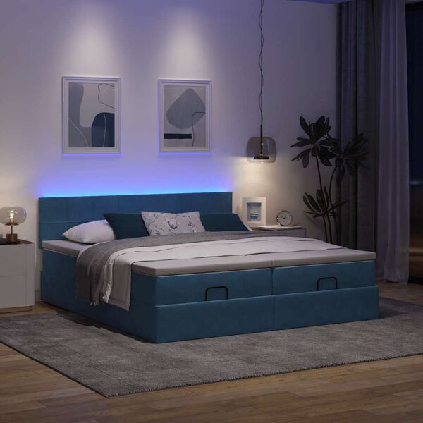 vidaXL Cama otomana con colchones y luces LED azul oscuro 200x200 cm