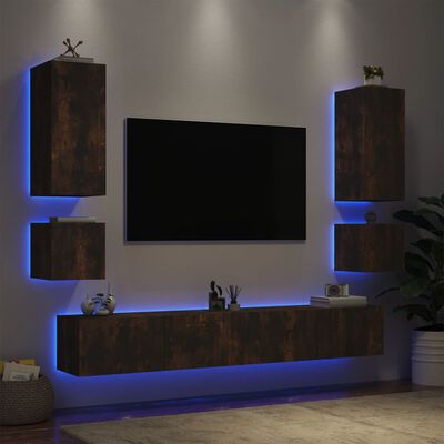 vidaXL Muebles de TV de pared con luces LED 6 piezas roble ahumado