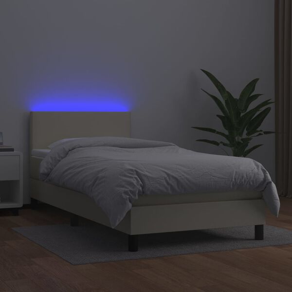 vidaXL Cama box spring y colch&oacute;n LED cuero sint&eacute;tico crema 90x190 cm