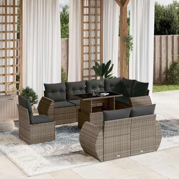 vidaXL Set de muebles de jard&iacute;n 9 pzas y cojines rat&aacute;n sint&eacute;tico gris