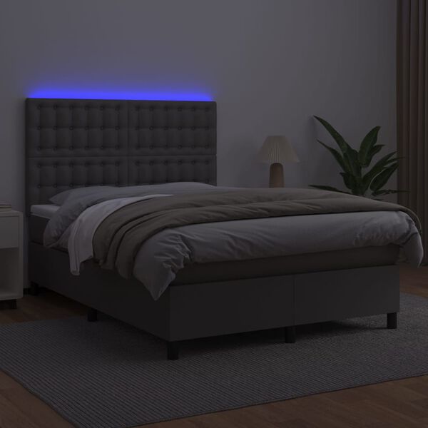 vidaXL Cama box spring colch&oacute;n y LED cuero sint&eacute;tico gris 140x190 cm