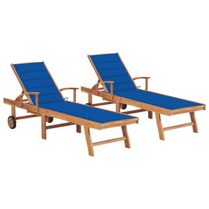 vidaXL Tumbonas 2 unidades madera maciza de teca con coj&iacute;n azul royal
