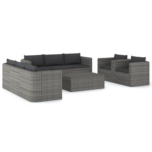 vidaXL Set de muebles de jard&iacute;n 9 pzas y cojines rat&aacute;n sint&eacute;tico gris