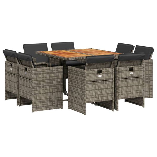 vidaXL Set comedor jard&iacute;n 9 pzas y cojines rat&aacute;n sint&eacute;tico gris
