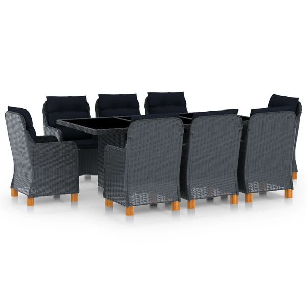 vidaXL Set comedor jard&iacute;n 9 pzas cojines rat&aacute;n sint&eacute;tico gris oscuro