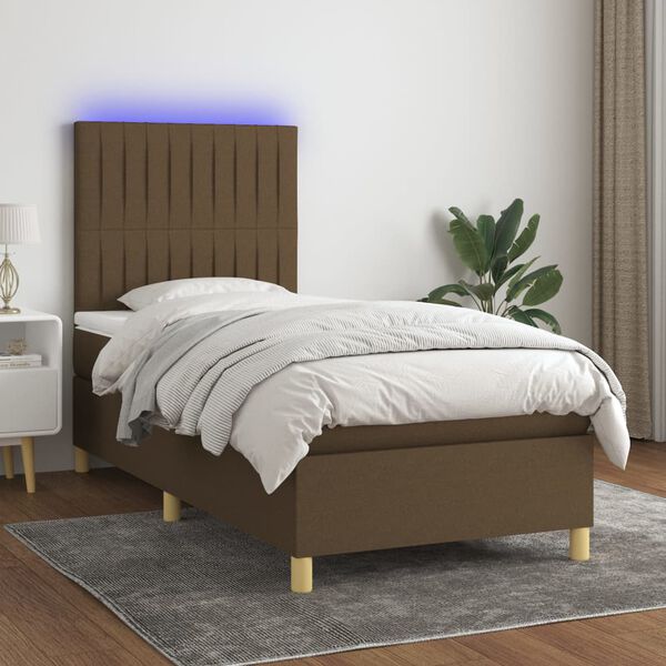 vidaXL Cama box spring colch&oacute;n y luces LED tela marr&oacute;n oscuro 90x190cm