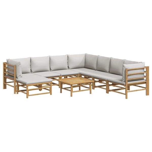 vidaXL Set de muebles de jardín 9 piezas bambú y cojines gris claro
