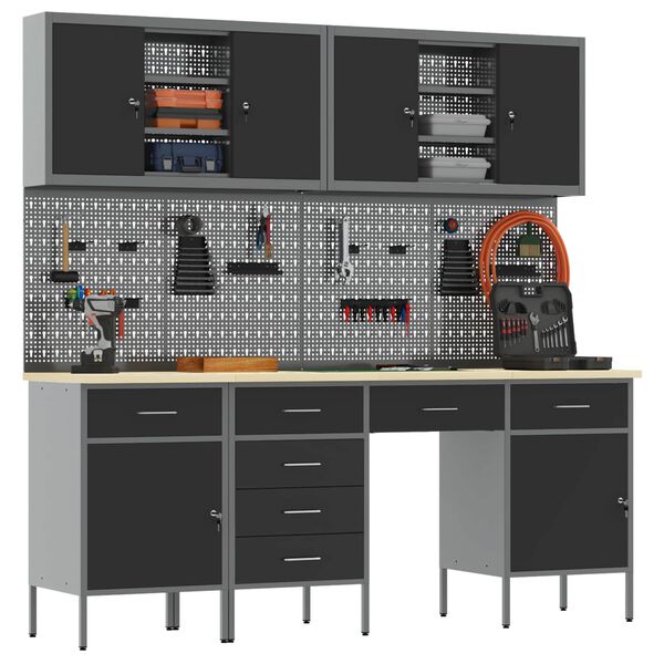 vidaXL Armario de trabajo 10 pcs Negro Madera Ingenierizada y Acero