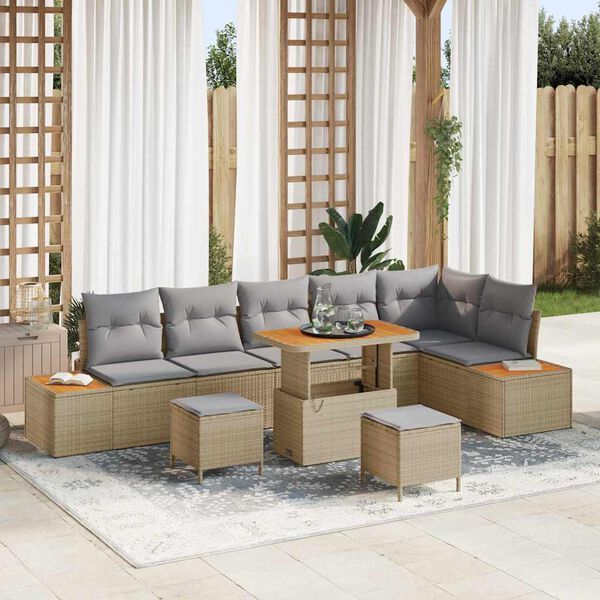 vidaXL Conjunto de sof&aacute;s de jard&iacute;n 9 pcs Beige rat&aacute;n sint&eacute;tico