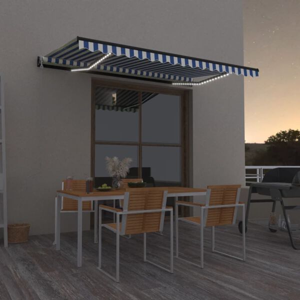 vidaXL Toldo automático LED sensor de viento azul y blanco 400x350 cm