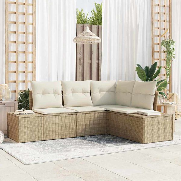 vidaXL Conjunto de sof&aacute;s de jard&iacute;n 4 pcs Beige y Crema rat&aacute;n sint&eacute;tico