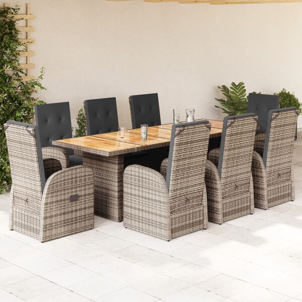 vidaXL Set comedor jard&iacute;n 9 pzas y cojines rat&aacute;n sint&eacute;tico gris