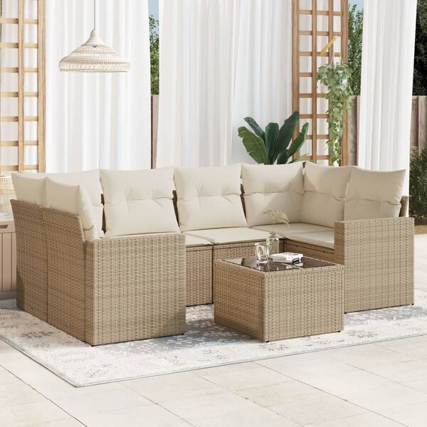 vidaXL Set sof&aacute;s de jard&iacute;n 7 piezas y cojines rat&aacute;n sint&eacute;tico beige