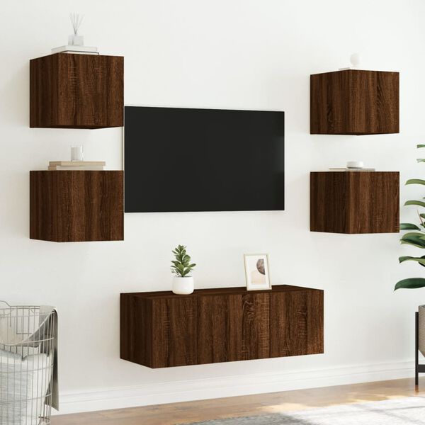 vidaXL Muebles TV pared con LED 6 pzas madera ingeniería marrón roble