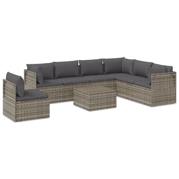 vidaXL Set de muebles de jard&iacute;n 8 pzas y cojines rat&aacute;n sint&eacute;tico gris