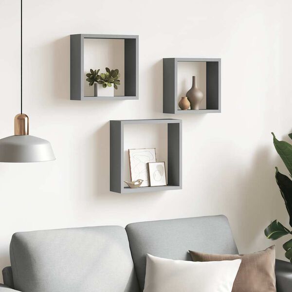 vidaXL Estantes cubo de pared 3 unidades MDF gris