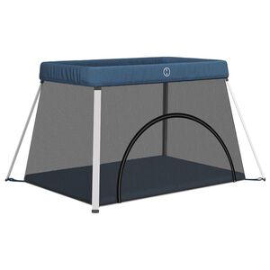 vidaXL Parque infantil para bebés con colchón tela lino azul marino