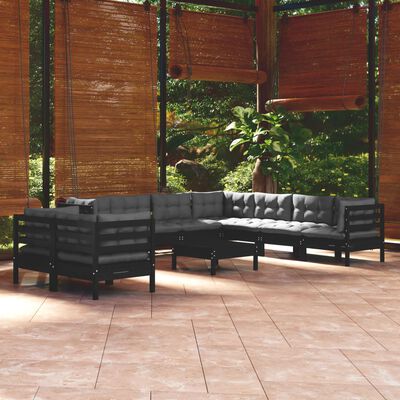 vidaXL Muebles de jardín 10 pzas con cojines negro madera maciza pino