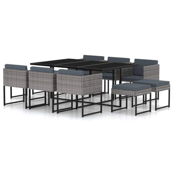 vidaXL Set de comedor para jard&iacute;n 11 pzas cojines rat&aacute;n sint&eacute;tico gris