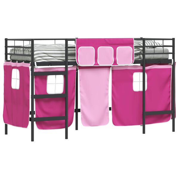 vidaXL Estructura de Cama Alta para Ni&ntilde;os con Cortinas Negro y Rosa