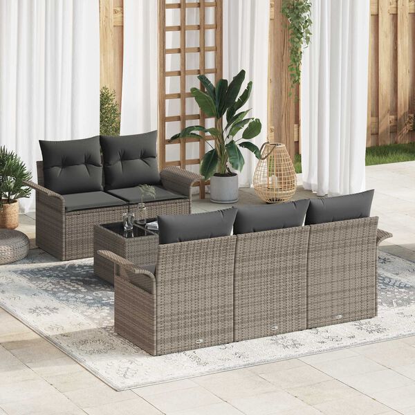 vidaXL Conjunto de sof&aacute; de jard&iacute;n 6 pcs Gris Polirat&aacute;n, Acero y Vidrio