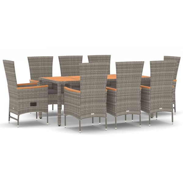 vidaXL Set comedor jard&iacute;n 9 pzas y cojines rat&aacute;n sint&eacute;tico gris