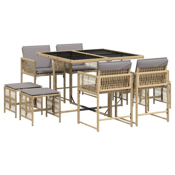 vidaXL Set comedor de jard&iacute;n 9 pzas con cojines rat&aacute;n sint&eacute;tico beige