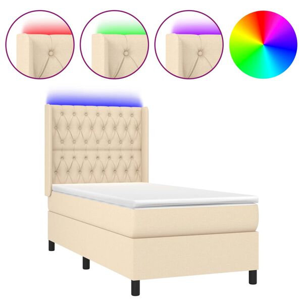 vidaXL Cama box spring colch&oacute;n y luces LED tela crema 100x200 cm
