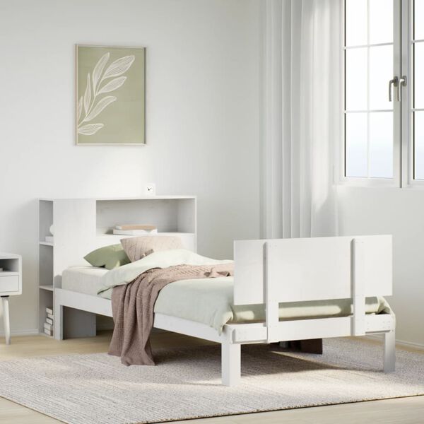 vidaXL Cama con estanter&iacute;a sin colch&oacute;n madera maciza blanca 75x190 cm