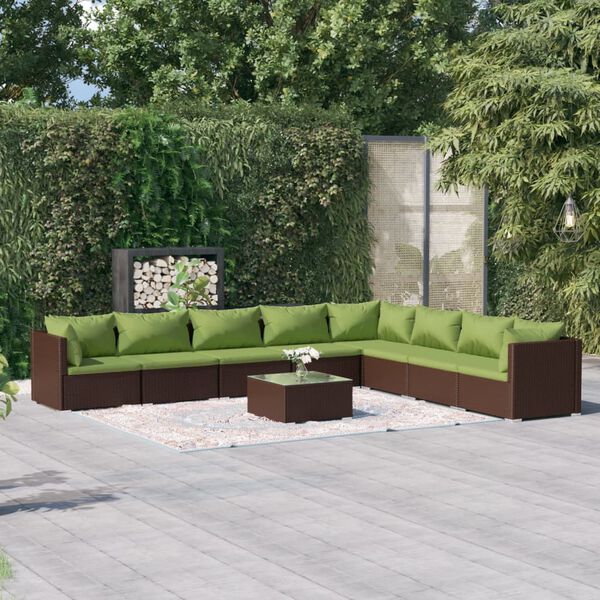 vidaXL Set muebles de jard&iacute;n 9 piezas y cojines rat&aacute;n sint&eacute;tico marr&oacute;n